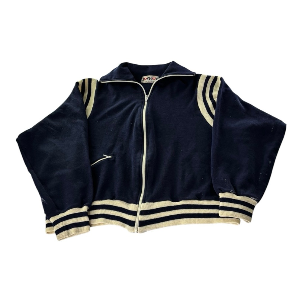 Vintage 1980s Jog-Joy Track Jacket Men's Medium Navy White Full Zip Retro